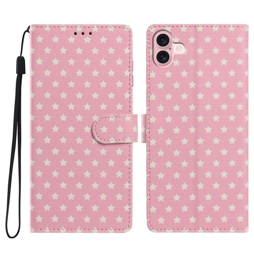 For iPhone 16 Case Star Pattern PU Leather Wallet Stand Phone Cover with Wrist Strap - Pink - 1