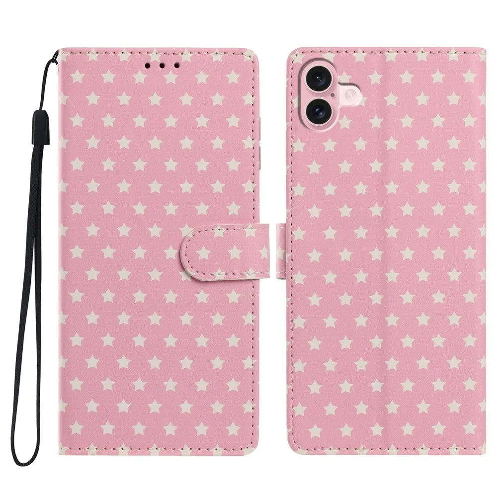 For iPhone 16 Case Star Pattern PU Leather Wallet Stand Phone Cover with Wrist Strap - Pink - 1