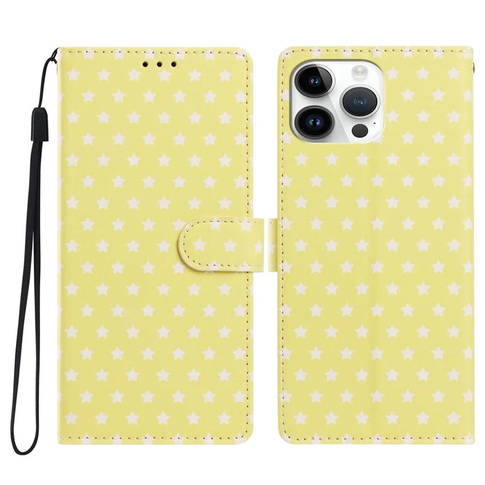 For iPhone 16 Pro Case Star Pattern PU Leather Wallet Stand Phone Cover with Wrist Strap - Yellow - 1