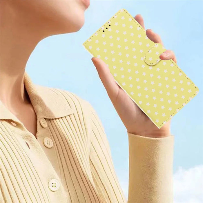 For iPhone 16 Pro Case Star Pattern PU Leather Wallet Stand Phone Cover with Wrist Strap - Yellow - 7