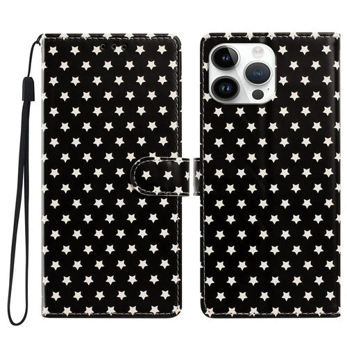 For iPhone 16 Pro Max Case Star Pattern PU Leather Wallet Stand Phone Cover with Wrist Strap - Black - 1