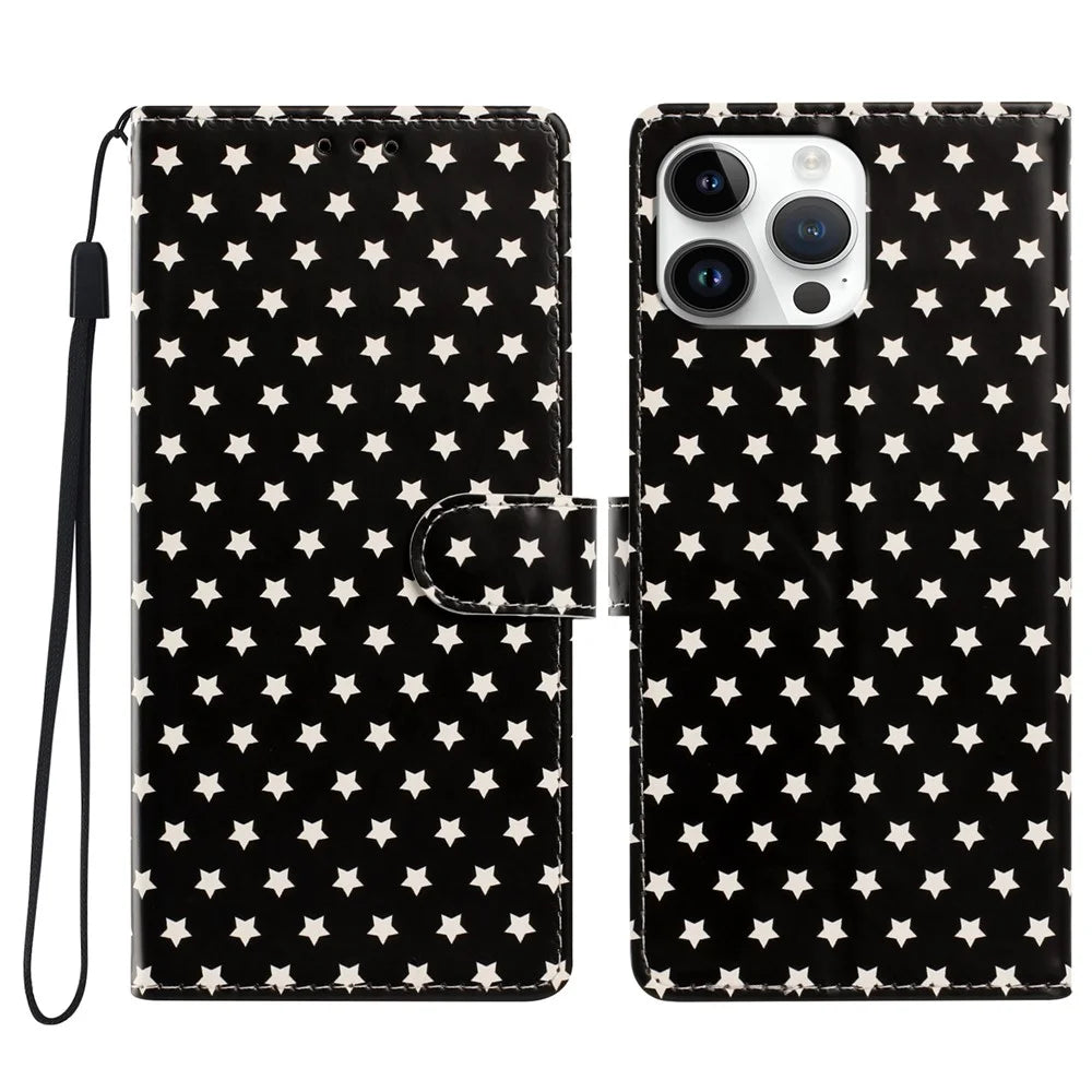 For iPhone 16 Pro Max Case Star Pattern PU Leather Wallet Stand Phone Cover with Wrist Strap - Black - 1