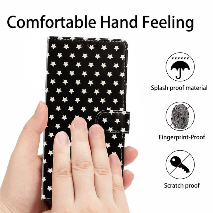 For iPhone 16 Pro Max Case Star Pattern PU Leather Wallet Stand Phone Cover with Wrist Strap - Black - 6