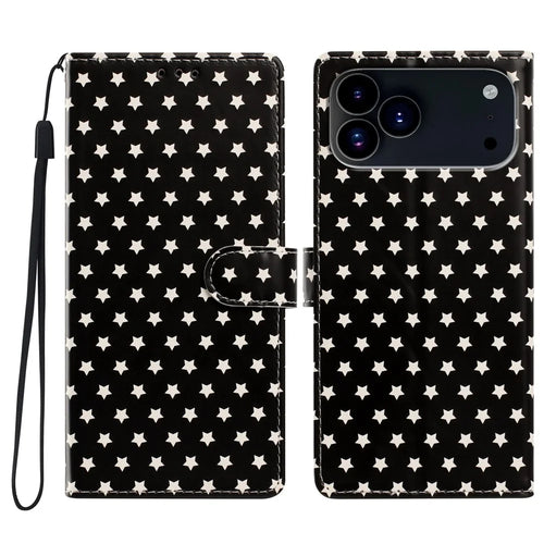 For iPhone  18 Pro / 17  Pro Case Star Pattern PU Leather Wallet Stand Phone Cover with Wrist Strap - Black - 1