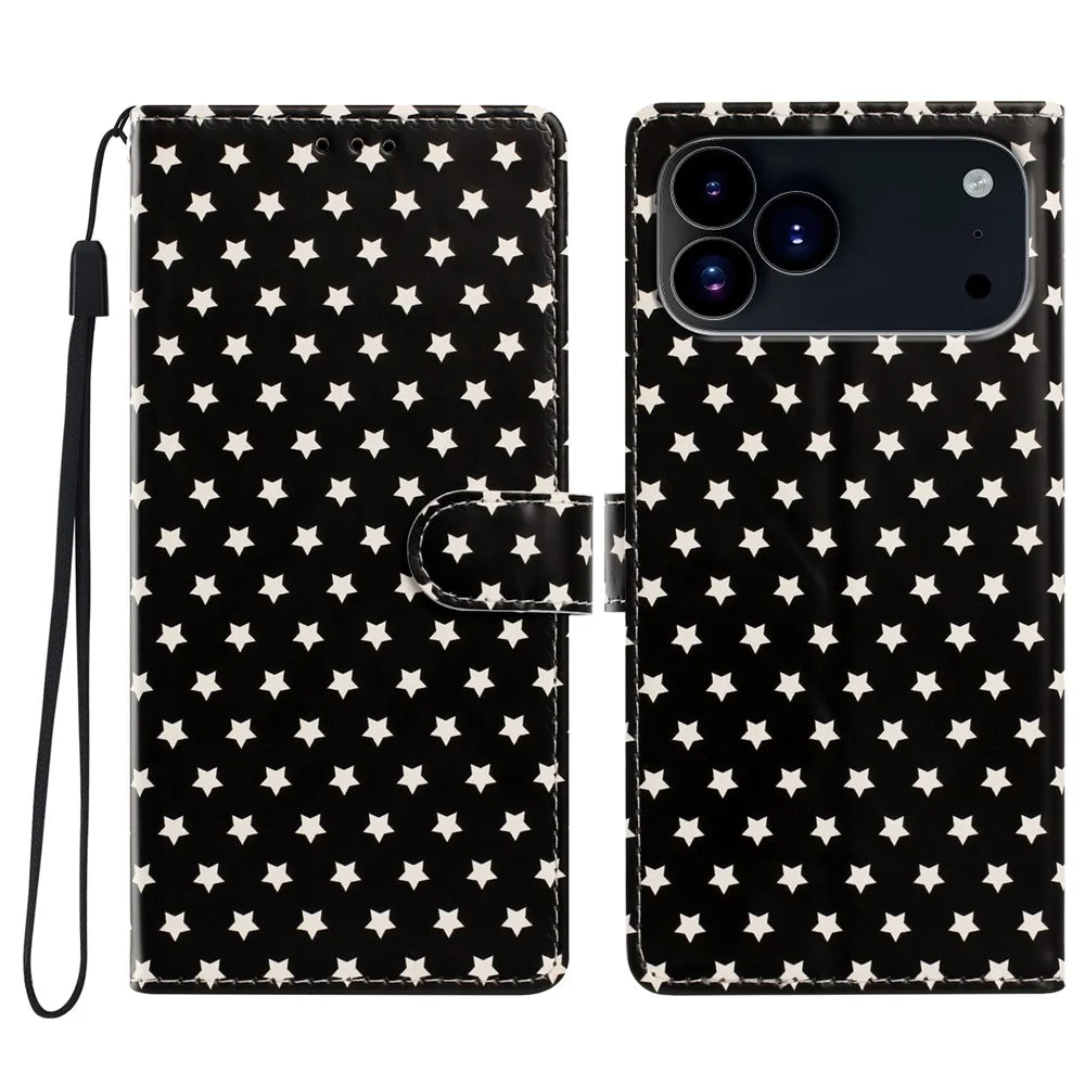 For iPhone  18 Pro / 17  Pro Case Star Pattern PU Leather Wallet Stand Phone Cover with Wrist Strap - Black - 1
