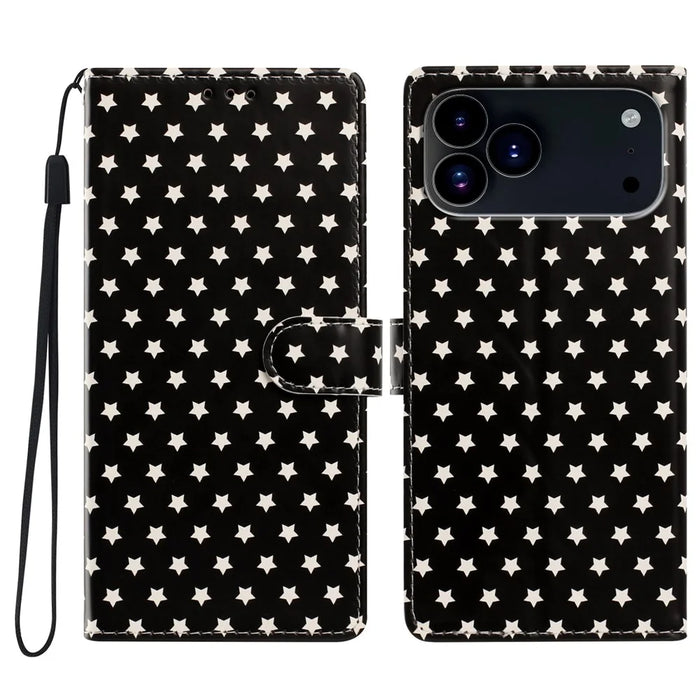 For iPhone  18 Pro / 17  Pro Case Star Pattern PU Leather Wallet Stand Phone Cover with Wrist Strap - Black - 1