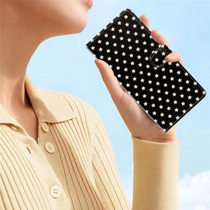 For iPhone  18 Pro / 17  Pro Case Star Pattern PU Leather Wallet Stand Phone Cover with Wrist Strap - Black - 7