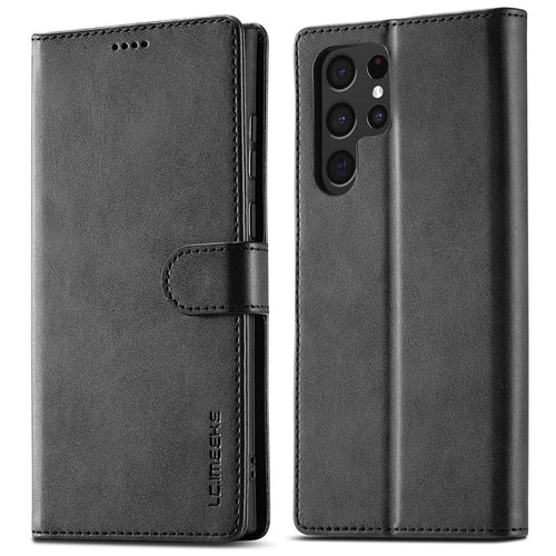 LC.IMEEKE For Samsung Galaxy S23 Ultra Calf Texture Scratch-resistant Phone Case Magnetic Clasp PU Leather Stand Cell Phone Flip Wallet Cover - Black - 1