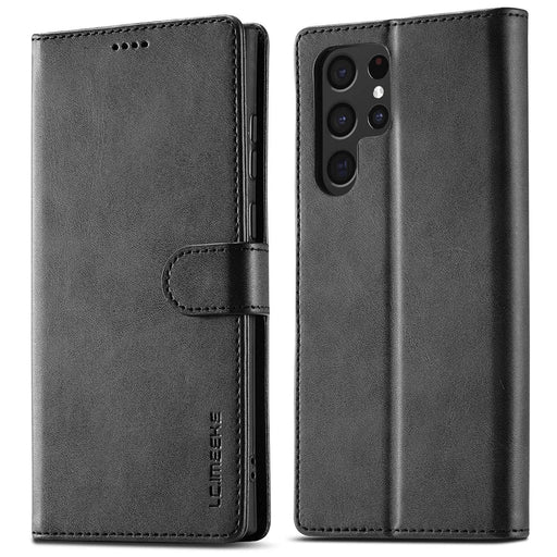 LC.IMEEKE For Samsung Galaxy S23 Ultra Calf Texture Scratch-resistant Phone Case Magnetic Clasp PU Leather Stand Cell Phone Flip Wallet Cover - Black - 1