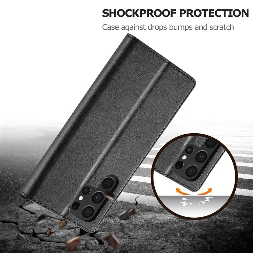 LC.IMEEKE For Samsung Galaxy S23 Ultra Calf Texture Scratch-resistant Phone Case Magnetic Clasp PU Leather Stand Cell Phone Flip Wallet Cover - Black - 6