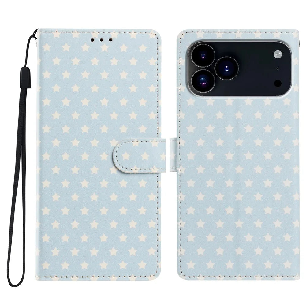 For iPhone 17 Pro Max Case Star Pattern PU Leather Wallet Stand Phone Cover with Wrist Strap - Baby Blue - 1