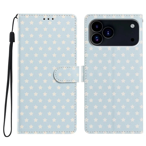 For iPhone 17 Pro Max Case Star Pattern PU Leather Wallet Stand Phone Cover with Wrist Strap - Baby Blue - 1