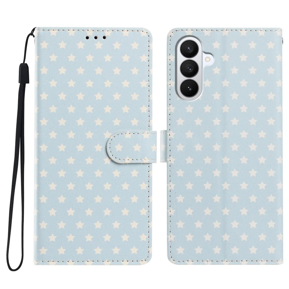 For Samsung Galaxy S26 Case Star Pattern PU Leather Wallet Stand Phone Cover with Wrist Strap  - Baby Blue - 1