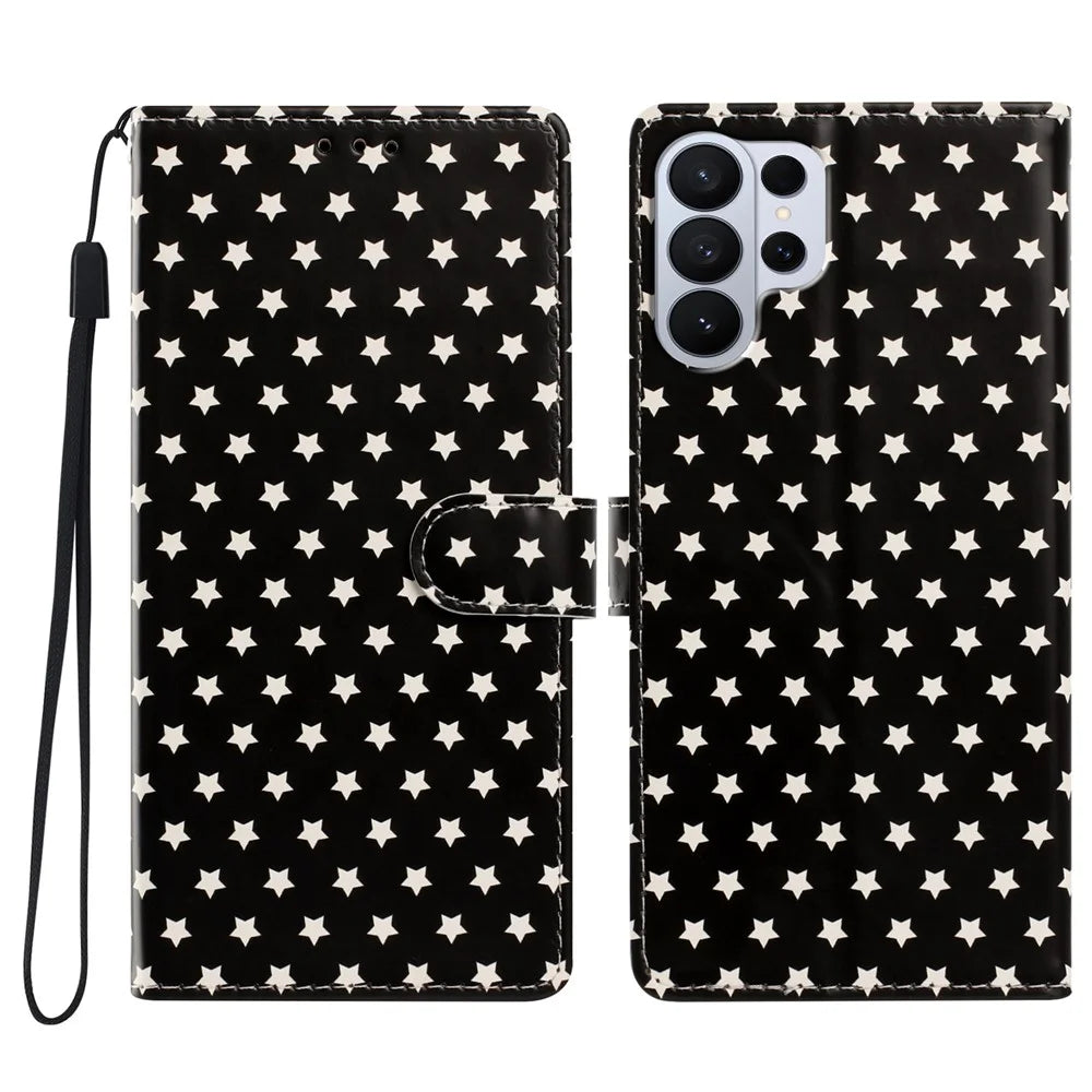 For Samsung Galaxy S26 Ultra Case Star Pattern PU Leather Wallet Stand Phone Cover with Wrist Strap - Black - 1
