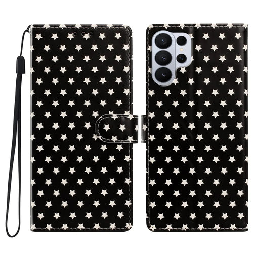 For Samsung Galaxy S26 Ultra Case Star Pattern PU Leather Wallet Stand Phone Cover with Wrist Strap - Black - 1