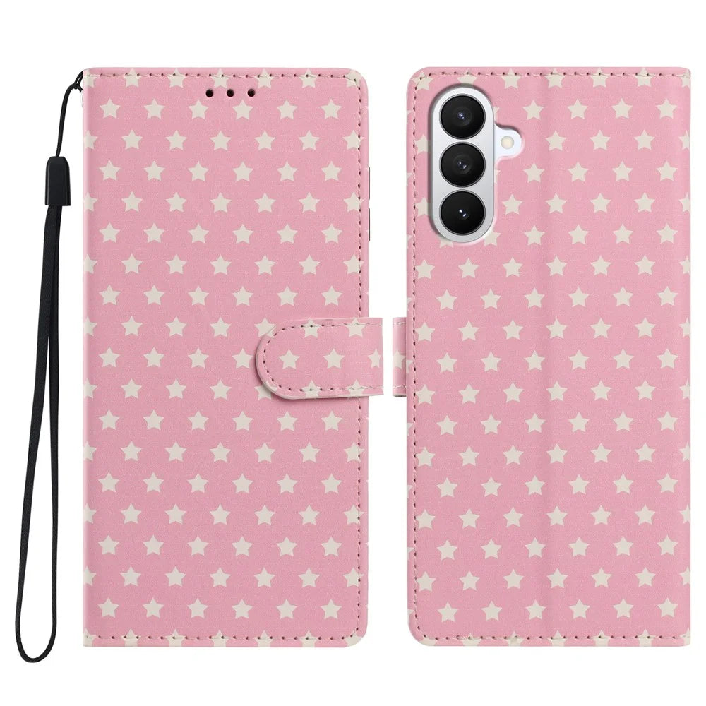 For Samsung Galaxy S26+ Case Star Pattern PU Leather Wallet Stand Phone Cover with Wrist Strap - Pink - 1