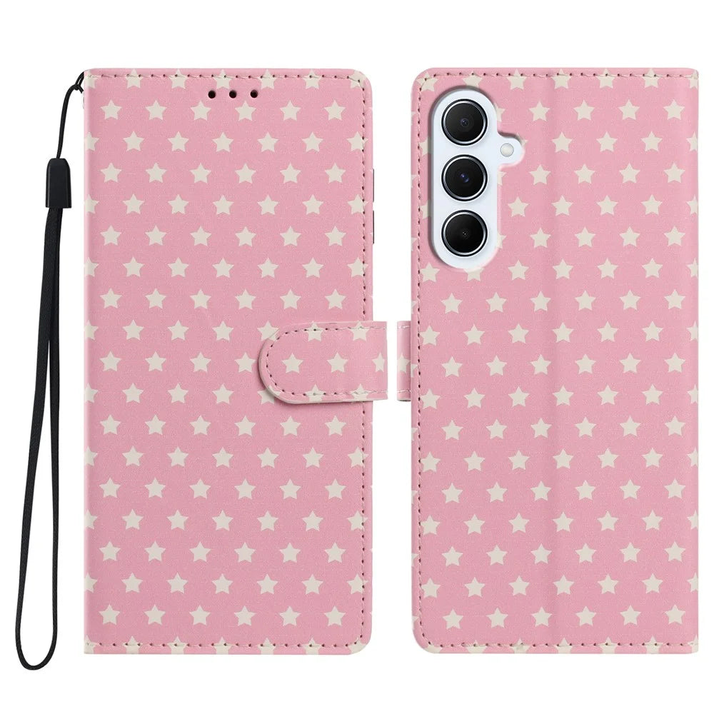For Samsung Galaxy A27 5G Case Star Pattern PU Leather Wallet Stand Phone Cover with Wrist Strap - Pink - 1