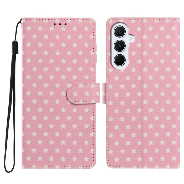 For Samsung Galaxy A27 5G Case Star Pattern PU Leather Wallet Stand Phone Cover with Wrist Strap - Pink - 1