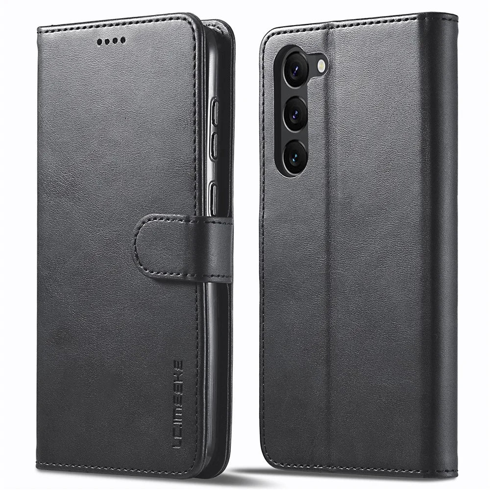 LC.IMEEKE For Samsung Galaxy S23 Anti-scratch Calf Texture Magnetic Clasp Phone Cover Wallet Stand PU Leather Protective Phone Case - Black - 1