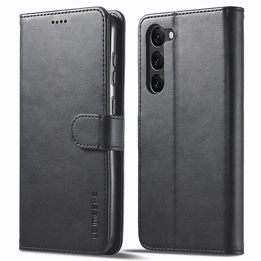 LC.IMEEKE For Samsung Galaxy S23 Anti-scratch Calf Texture Magnetic Clasp Phone Cover Wallet Stand PU Leather Protective Phone Case - Black - 1