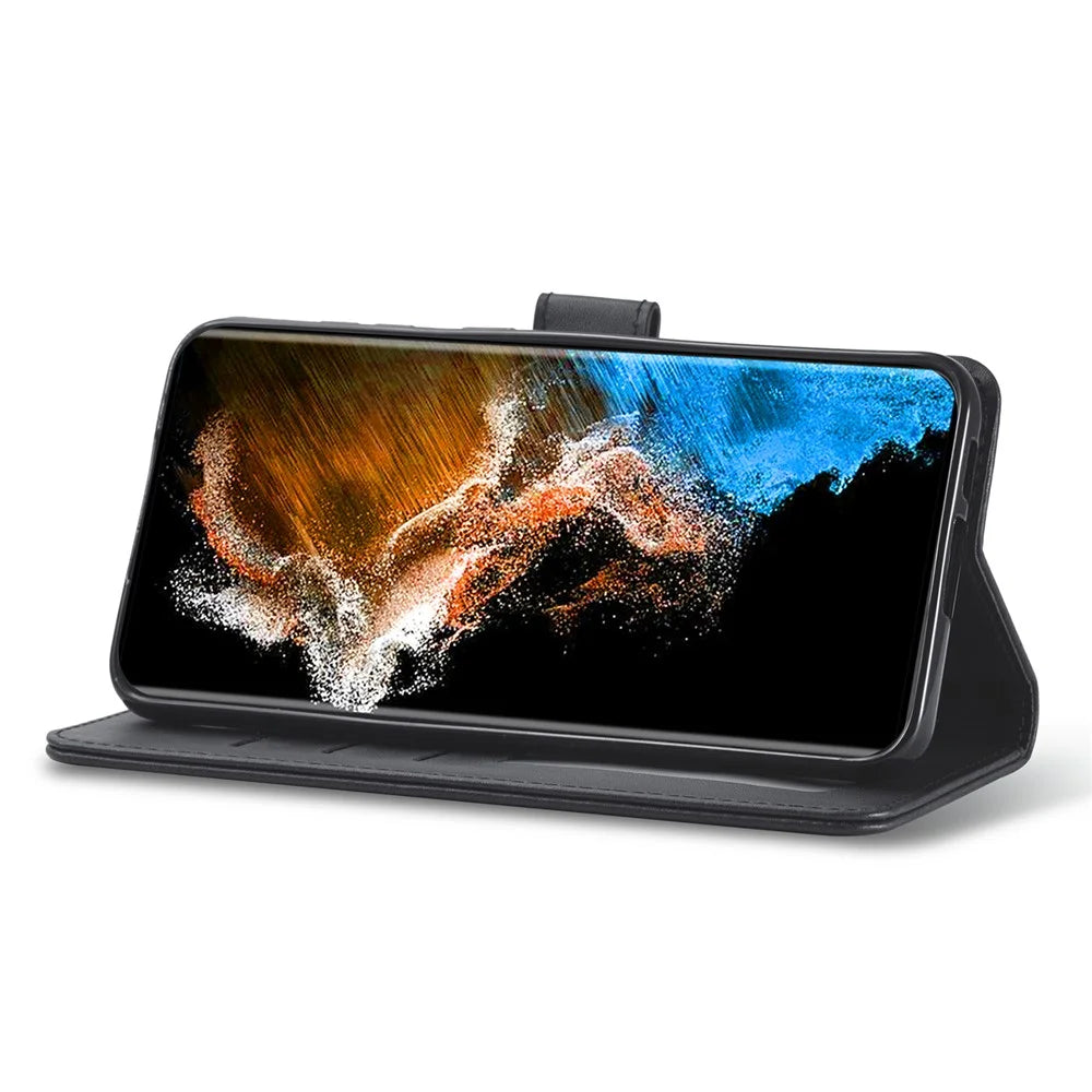 LC.IMEEKE For Samsung Galaxy S23 Anti-scratch Calf Texture Magnetic Clasp Phone Cover Wallet Stand PU Leather Protective Phone Case - Black - 3