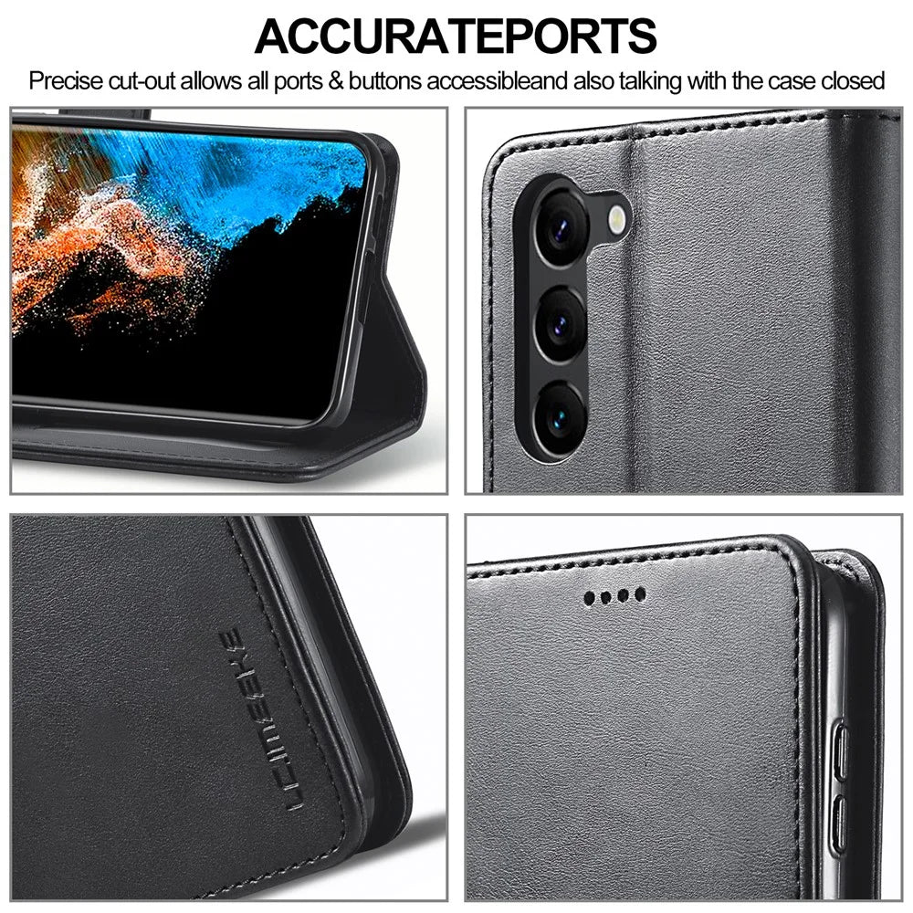 LC.IMEEKE For Samsung Galaxy S23 Anti-scratch Calf Texture Magnetic Clasp Phone Cover Wallet Stand PU Leather Protective Phone Case - Black - 7
