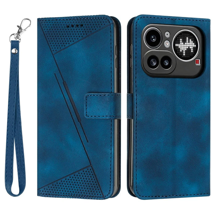 For Nothing Phone (4a) Pro Leather Case Imprinted Triangle Phone Cover with Hand Strap - Blue - 1