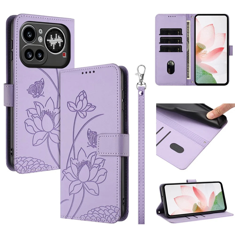 For Nothing Phone (4a) Pro Case Wallet Stand Lotus Imprint Leather Phone Cover with Wrist Strap - Purple - 1