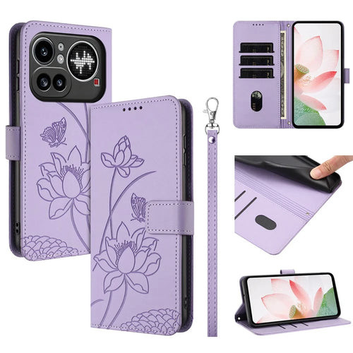 For Nothing Phone (4a) Pro Case Wallet Stand Lotus Imprint Leather Phone Cover with Wrist Strap - Purple - 1