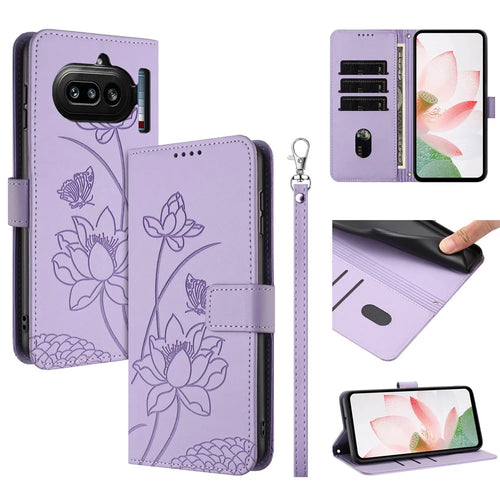 For Nothing Phone (4a) Case Wallet Stand Lotus Imprint Leather Phone Cover with Wrist Strap - Purple - 1