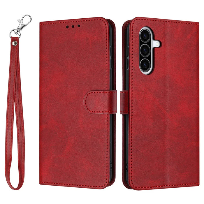 For Samsung Galaxy A27 5G Wallet Case Flip Stand Calf Texture PU Leather Phone Cover with Strap - Red - 1