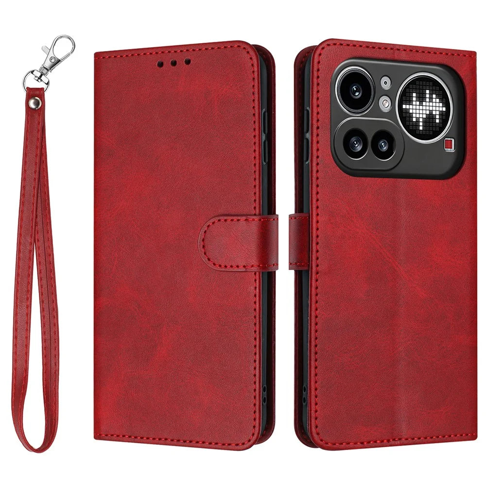 For Nothing Phone (4a) Pro Wallet Case Flip Stand Calf Texture PU Leather Phone Cover with Strap - Red - 1
