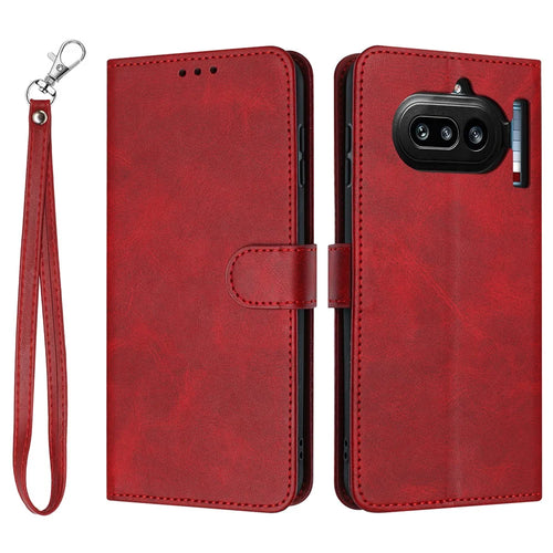 For Nothing Phone (4a) Wallet Case Flip Stand Calf Texture PU Leather Phone Cover with Strap - Red - 1