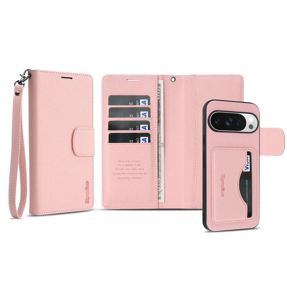 For Google Pixel 9 Pro XL HGUANCASE Case Wallet Stand Detachable Vintage Leather Phone Cover with Wrist Strap - Pink - 2