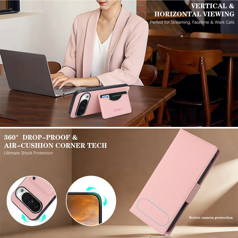 For Google Pixel 9 Pro XL HGUANCASE Case Wallet Stand Detachable Vintage Leather Phone Cover with Wrist Strap - Pink - 6
