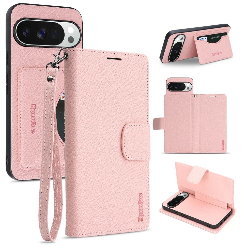 For Google Pixel 9 Pro / Google Pixel 9 HGUANCASE Case Wallet Stand Detachable Vintage Leather Phone Cover with Wrist Strap - Pink - 1