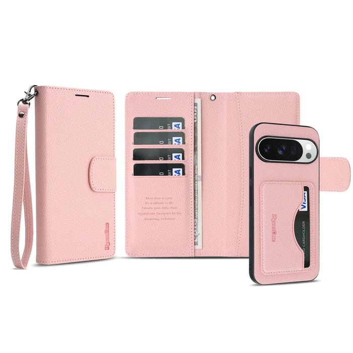 For Google Pixel 9 Pro / Google Pixel 9 HGUANCASE Case Wallet Stand Detachable Vintage Leather Phone Cover with Wrist Strap - Pink - 2