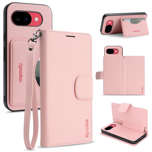 For Google Pixel 10a HGUANCASE Case Wallet Stand Detachable Vintage Leather Phone Cover with Wrist Strap - Pink - 1