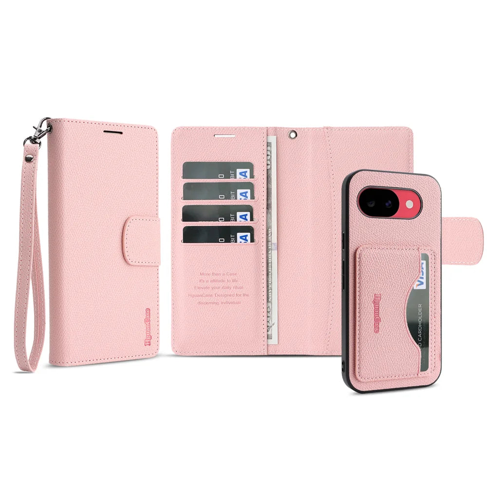 For Google Pixel 10a HGUANCASE Case Wallet Stand Detachable Vintage Leather Phone Cover with Wrist Strap - Pink - 2