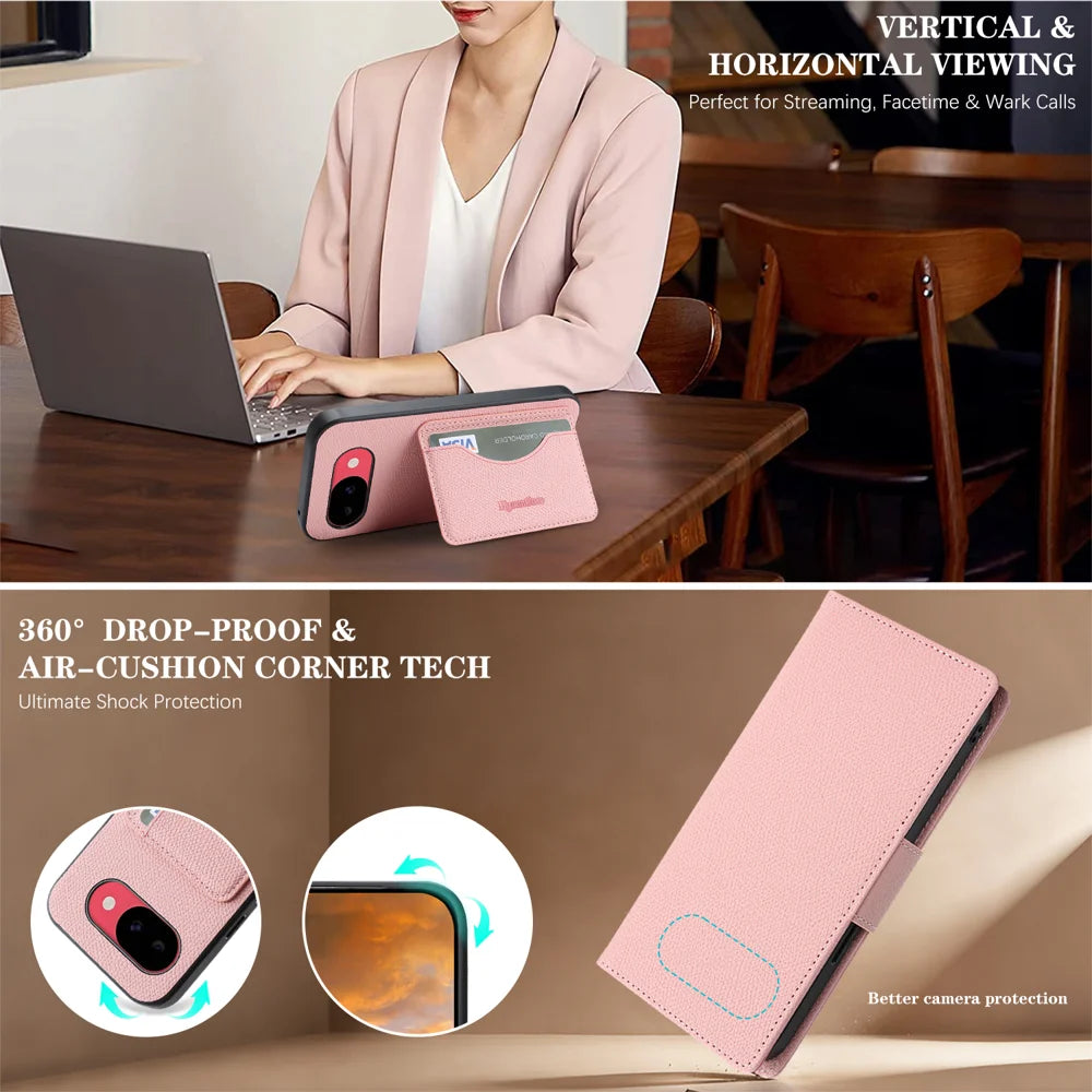For Google Pixel 10a HGUANCASE Case Wallet Stand Detachable Vintage Leather Phone Cover with Wrist Strap - Pink - 6
