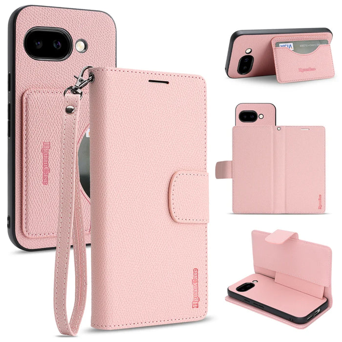 For Google Pixel 9a HGUANCASE Case Wallet Stand Detachable Vintage Leather Phone Cover with Wrist Strap - Pink - 1