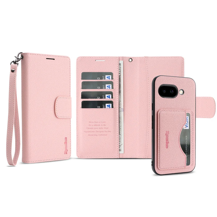For Google Pixel 9a HGUANCASE Case Wallet Stand Detachable Vintage Leather Phone Cover with Wrist Strap - Pink - 2