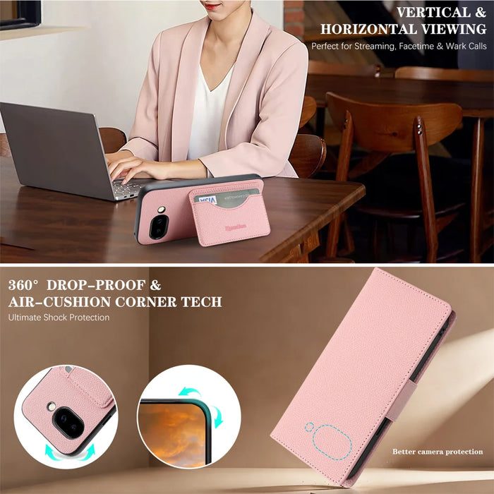 For Google Pixel 9a HGUANCASE Case Wallet Stand Detachable Vintage Leather Phone Cover with Wrist Strap - Pink - 6