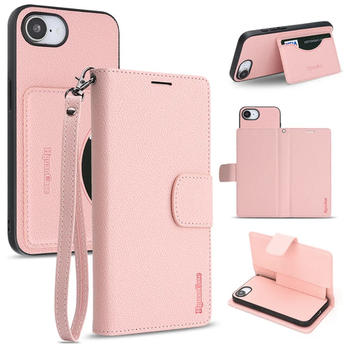 For iPhone 16e / iPhone 17e HGUANCASE Case Wallet Stand Detachable Vintage Leather Phone Cover with Wrist Strap - Pink - 1