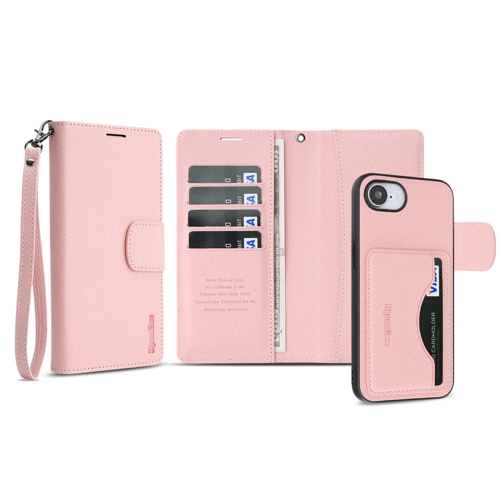 For iPhone 16e / iPhone 17e HGUANCASE Case Wallet Stand Detachable Vintage Leather Phone Cover with Wrist Strap - Pink - 2