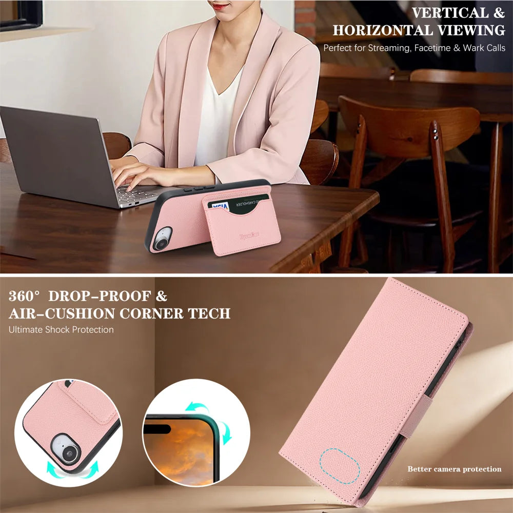 For iPhone 16e / iPhone 17e HGUANCASE Case Wallet Stand Detachable Vintage Leather Phone Cover with Wrist Strap - Pink - 6