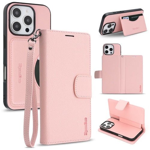 For iPhone 15 Pro HGUANCASE Case Wallet Stand Detachable Vintage Leather Phone Cover with Wrist Strap - Pink - 1