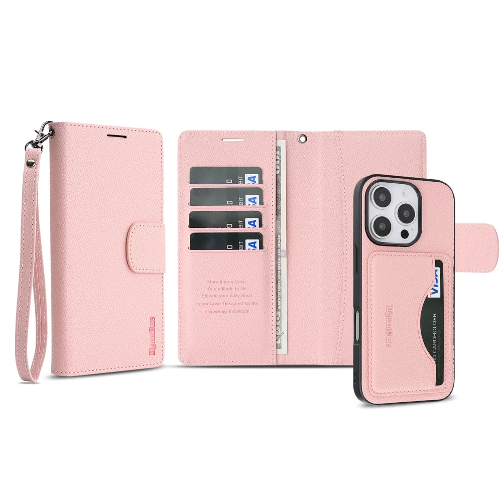 For iPhone 14 Pro Max HGUANCASE Case Wallet Stand Detachable Vintage Leather Phone Cover with Wrist Strap - Pink - 2