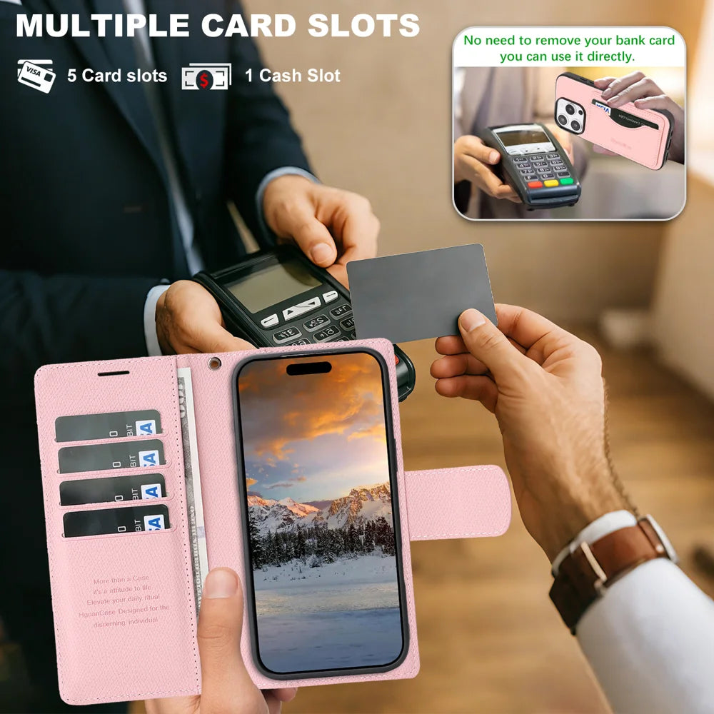 For iPhone 14 Pro Max HGUANCASE Case Wallet Stand Detachable Vintage Leather Phone Cover with Wrist Strap - Pink - 5