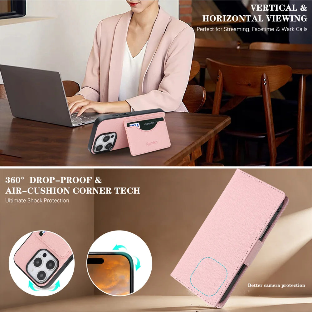For iPhone 14 Pro Max HGUANCASE Case Wallet Stand Detachable Vintage Leather Phone Cover with Wrist Strap - Pink - 6